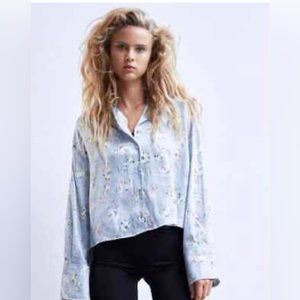 ZARA Satin Dog Print Long Sleeve Cropped Button Down Shirt Pajama Style Top